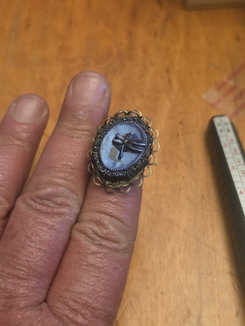 Resin Purple Dragonfly Ring In Bronze Tone Bezel, Adjustable Ring